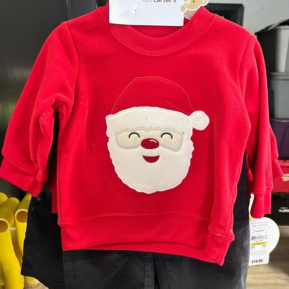 Carter's Red Santa Face Sweatshirt and gray corduroy pants